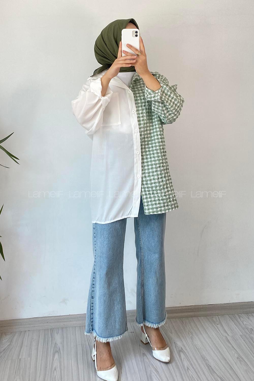 Modalamelif Pötikare Garnili Krinkıl Gömlek Çağla Yeşili