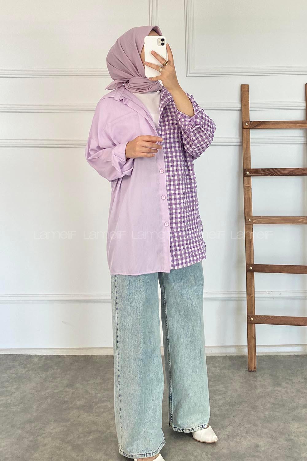 Modalamelif Pötikare Garnili Krinkıl Gömlek Lila