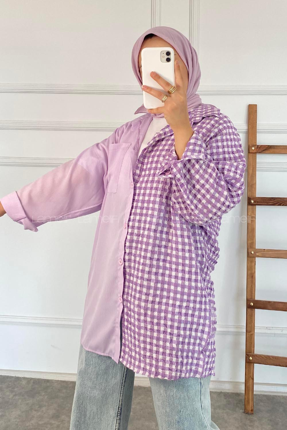 Modalamelif Pötikare Garnili Krinkıl Gömlek Lila