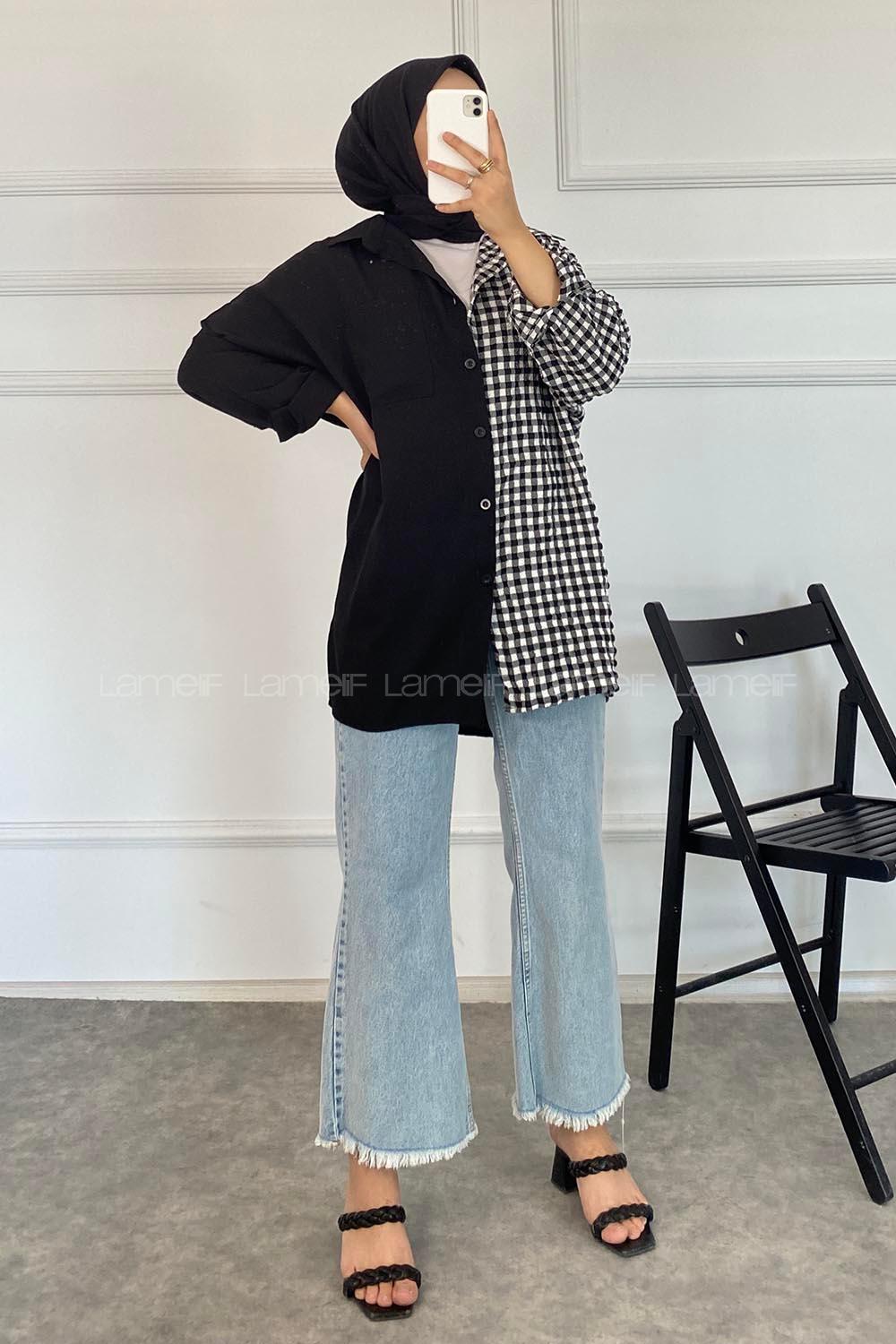 Modalamelif Pötikare Garnili Krinkıl Gömlek Siyah