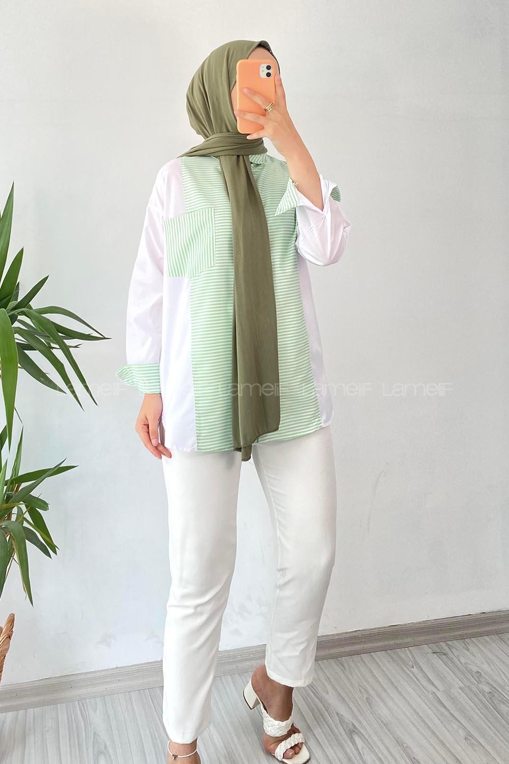 Modalamelif Renk Garnili Çizgi Desen Detaylı Tek Cepli Gömlek Çağla Yeşili
