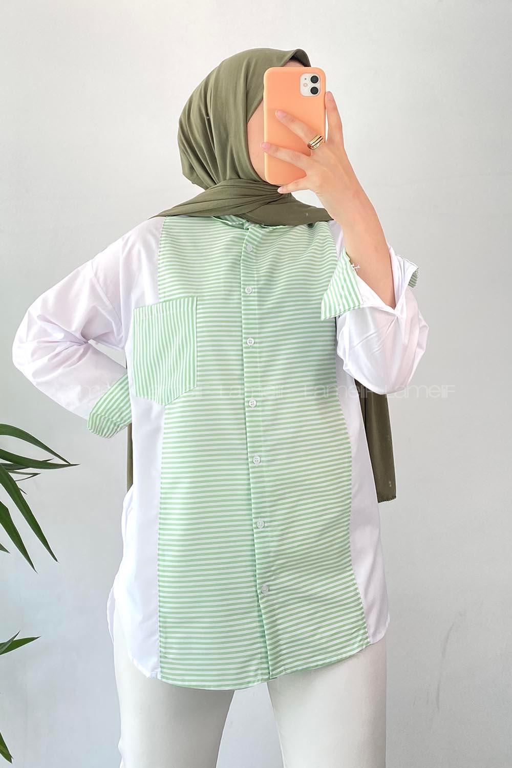 Modalamelif Renk Garnili Çizgi Desen Detaylı Tek Cepli Gömlek Çağla Yeşili
