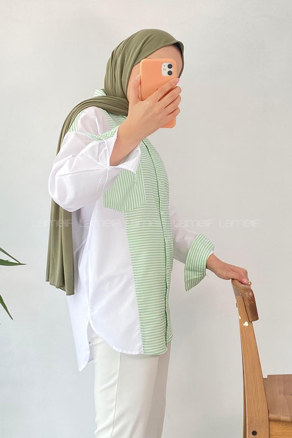 Modalamelif Renk Garnili Çizgi Desen Detaylı Tek Cepli Gömlek Çağla Yeşili