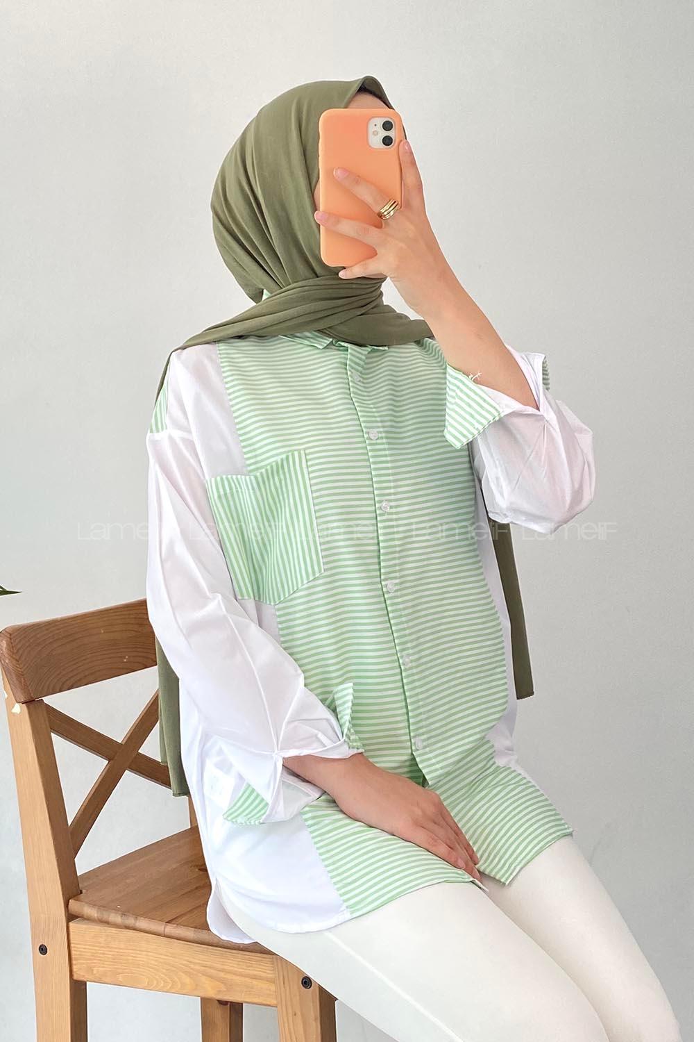 Modalamelif Renk Garnili Çizgi Desen Detaylı Tek Cepli Gömlek Çağla Yeşili