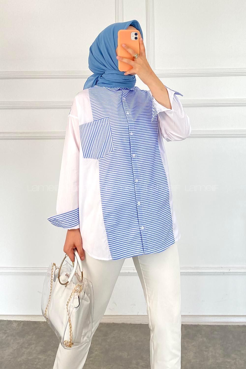 Modalamelif Renk Garnili Çizgi Deseen Detaylı Tek Cepli Gömlek Mavi
