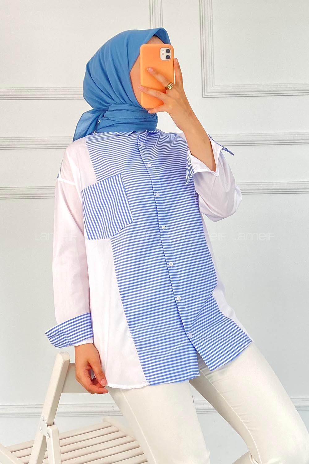 Modalamelif Renk Garnili Çizgi Deseen Detaylı Tek Cepli Gömlek Mavi