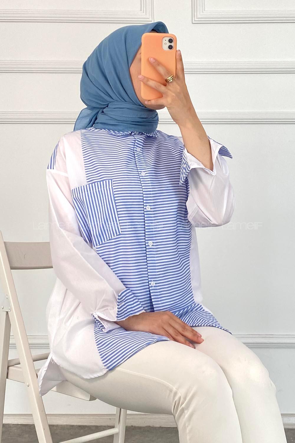 Modalamelif Renk Garnili Çizgi Deseen Detaylı Tek Cepli Gömlek Mavi