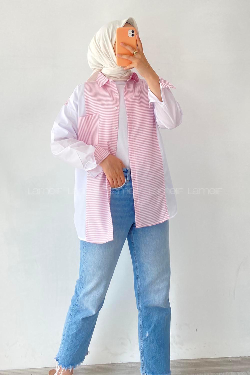 Modalamelif Renk Garnili Çizgi Deseen Detaylı Tek Cepli Gömlek Pembe