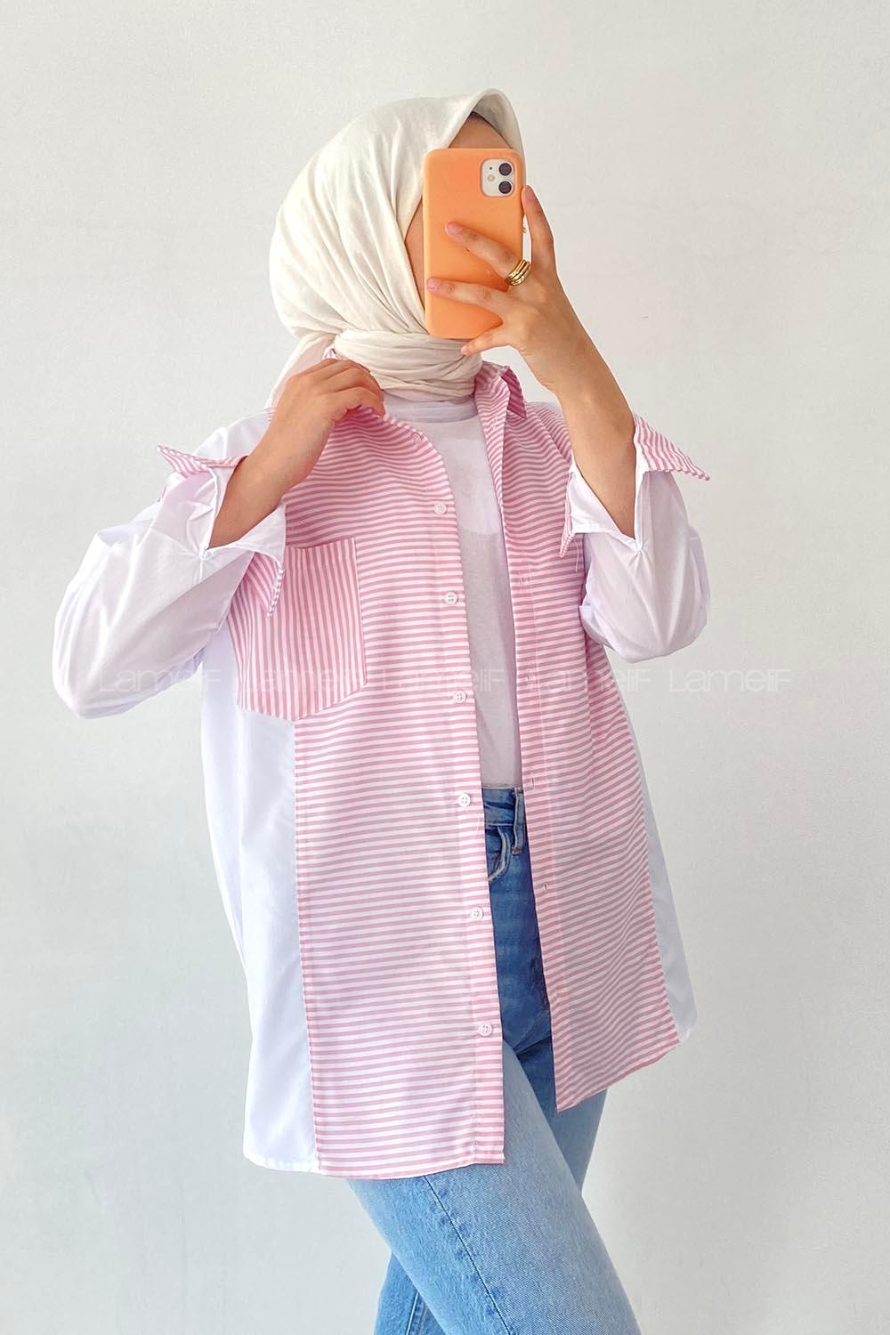 Modalamelif Renk Garnili Çizgi Deseen Detaylı Tek Cepli Gömlek Pembe