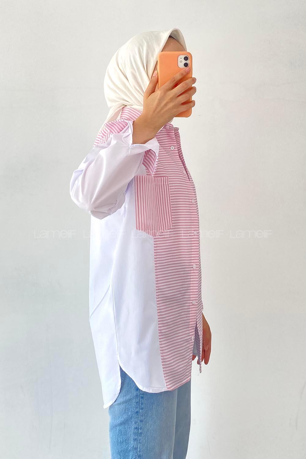 Modalamelif Renk Garnili Çizgi Deseen Detaylı Tek Cepli Gömlek Pembe