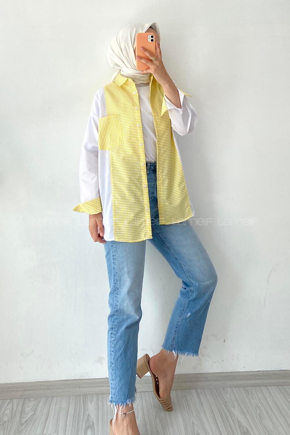 Modalamelif Renk Garnili Çizgi Deseen Detaylı Tek Cepli Gömlek Sarı