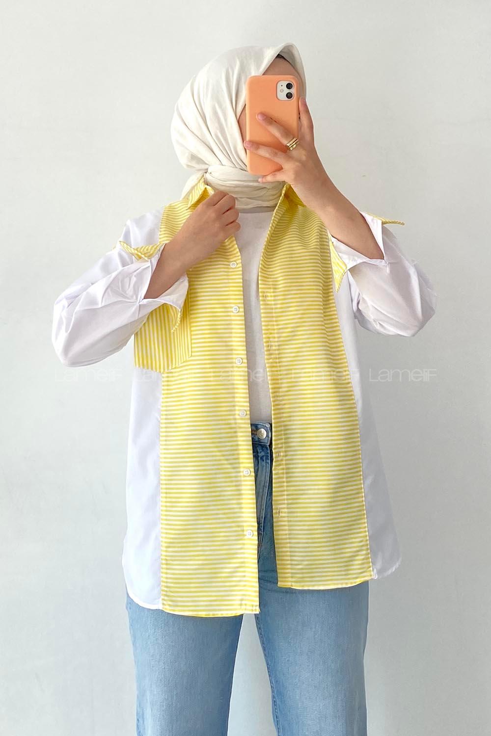 Modalamelif Renk Garnili Çizgi Deseen Detaylı Tek Cepli Gömlek Sarı
