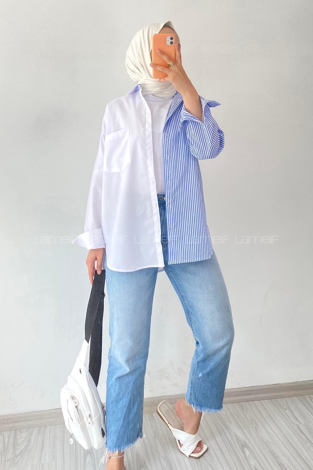 Modalamelif Renk Garnili Çizgi Detaylı Tek Cepli Gömlek Mavi-Beyaz