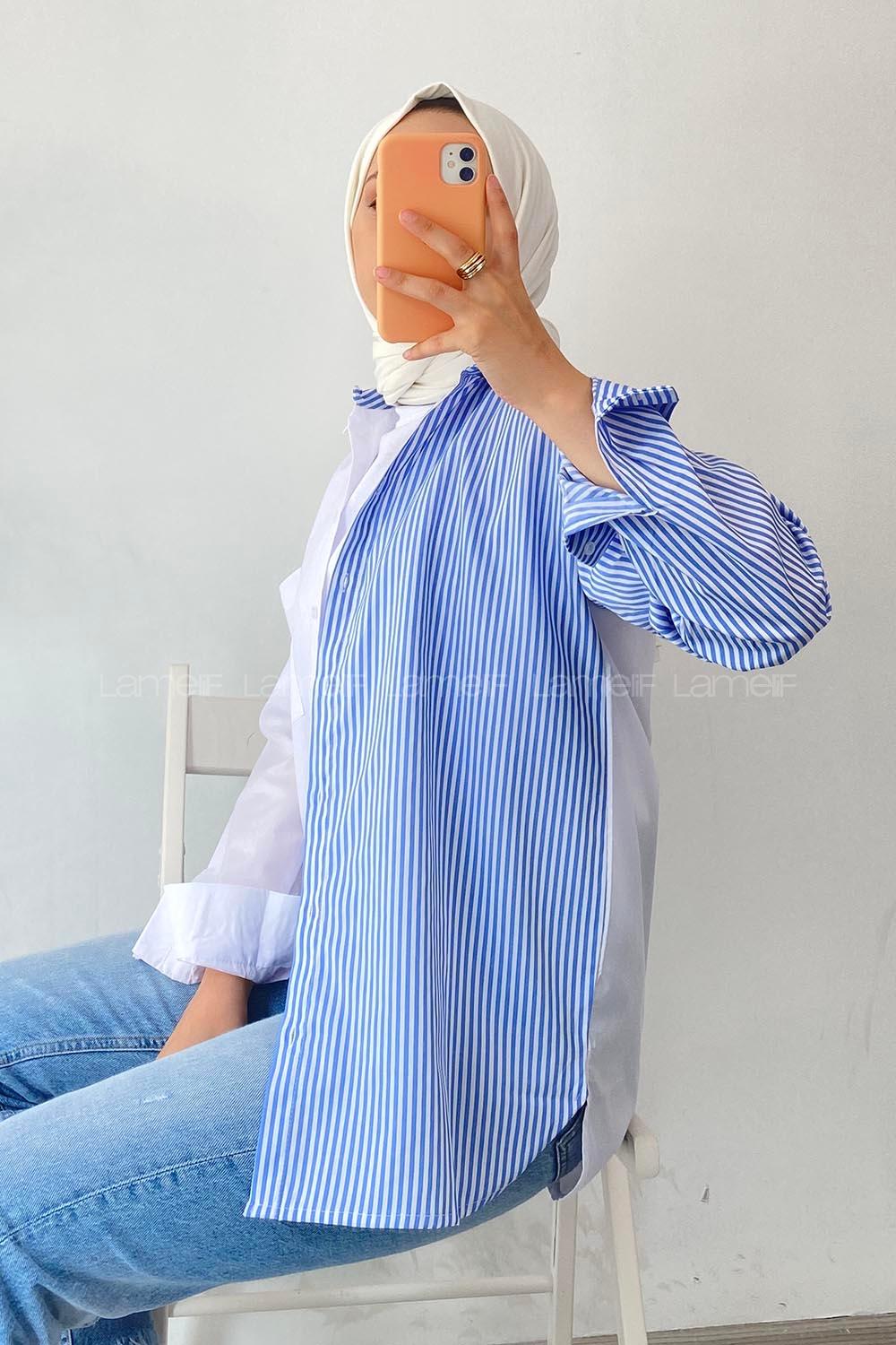 Modalamelif Renk Garnili Çizgi Detaylı Tek Cepli Gömlek Mavi-Beyaz