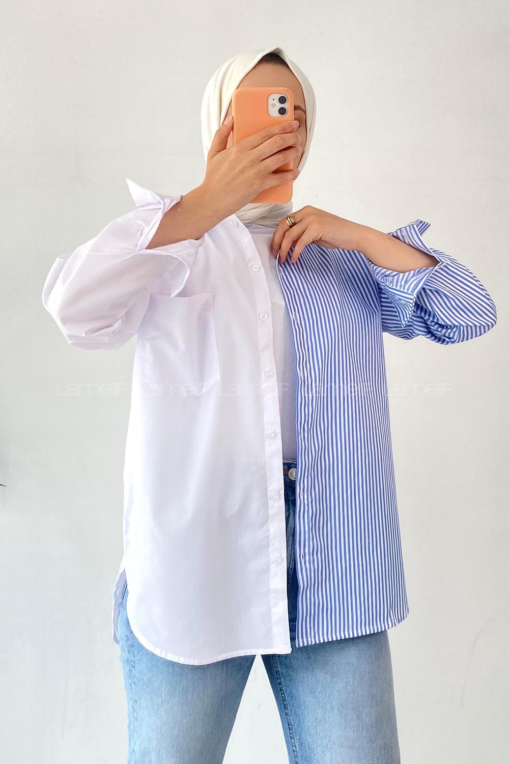 Modalamelif Renk Garnili Çizgi Detaylı Tek Cepli Gömlek Mavi-Beyaz