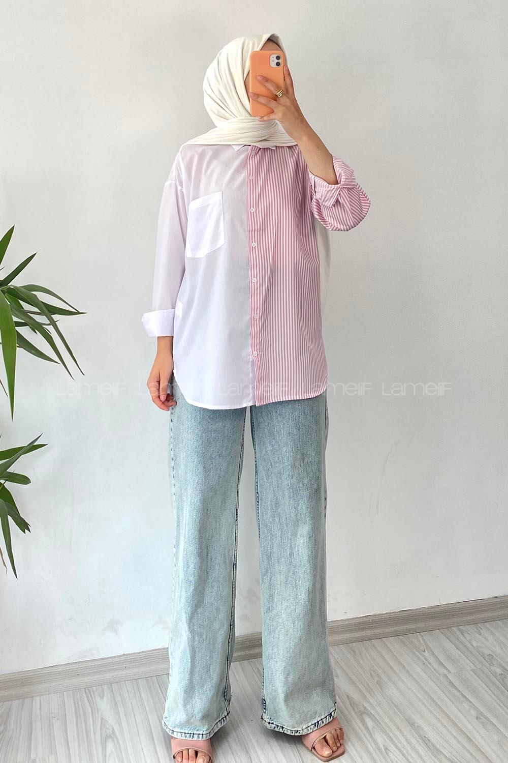 Modalamelif Renk Garnili Çizgi Detaylı Tek Cepli Gömlek Pembe-Beyaz