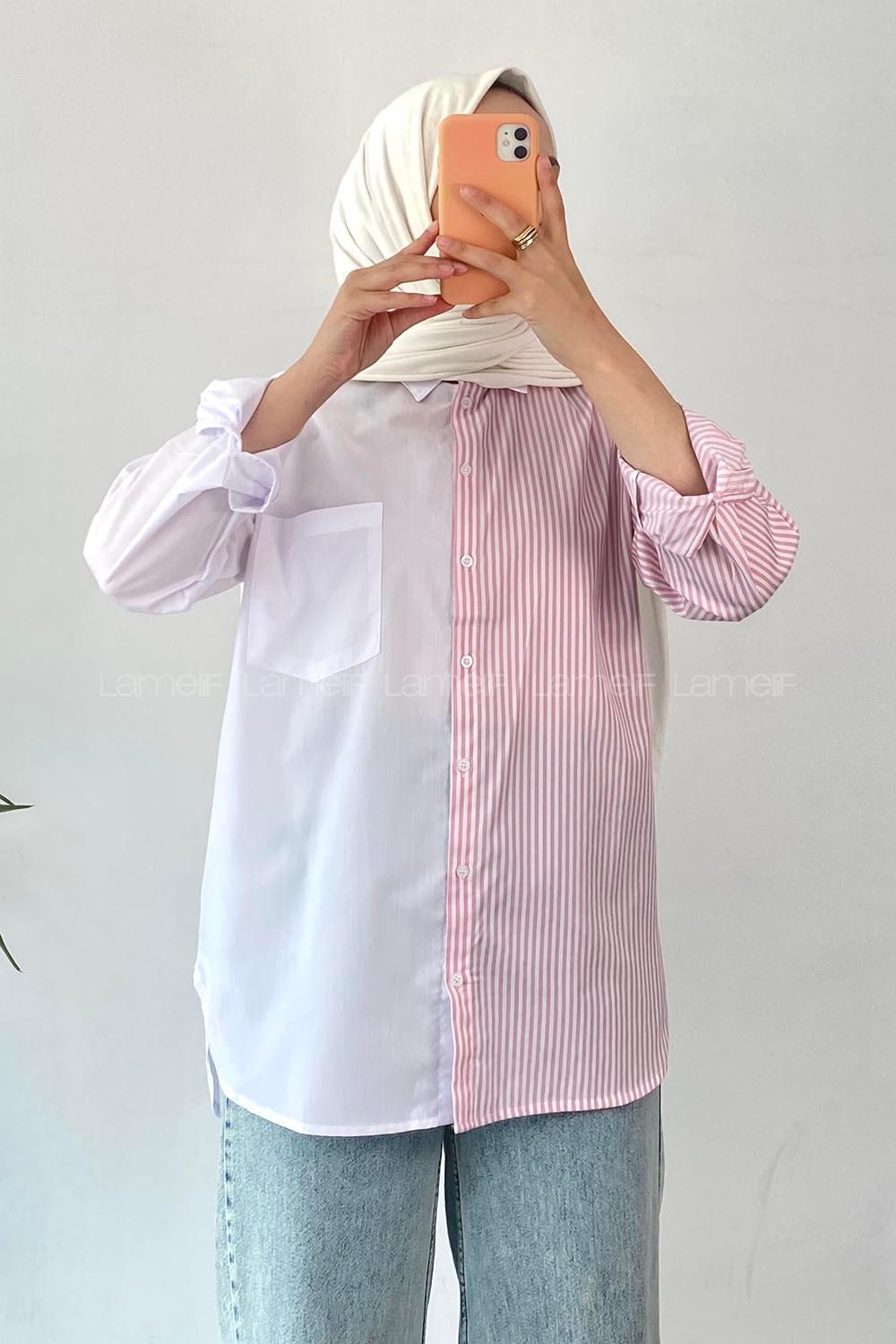 Modalamelif Renk Garnili Çizgi Detaylı Tek Cepli Gömlek Pembe-Beyaz