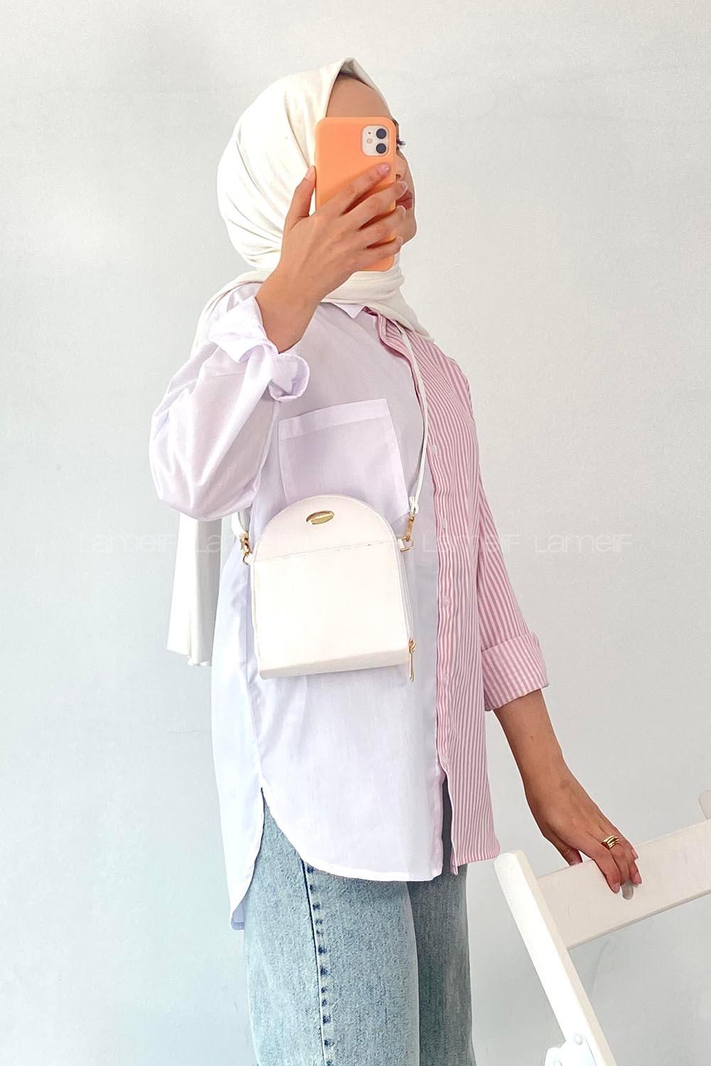 Modalamelif Renk Garnili Çizgi Detaylı Tek Cepli Gömlek Pembe-Beyaz