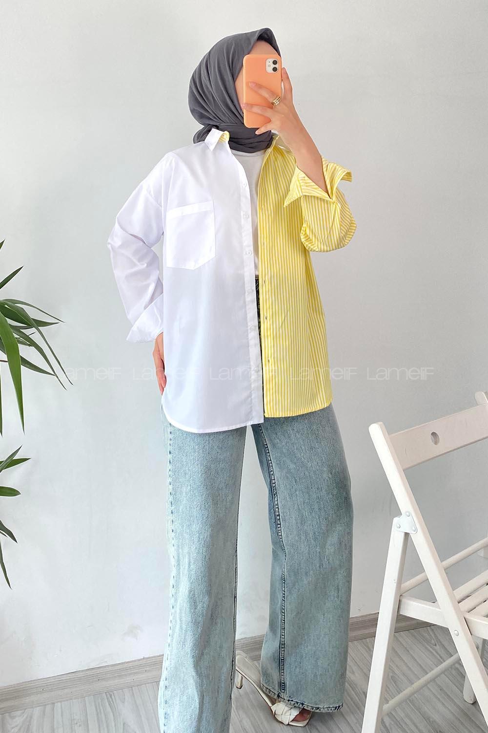 Modalamelif Renk Garnili Çizgi Detaylı Tek Cepli Gömlek Sarı-Beyaz