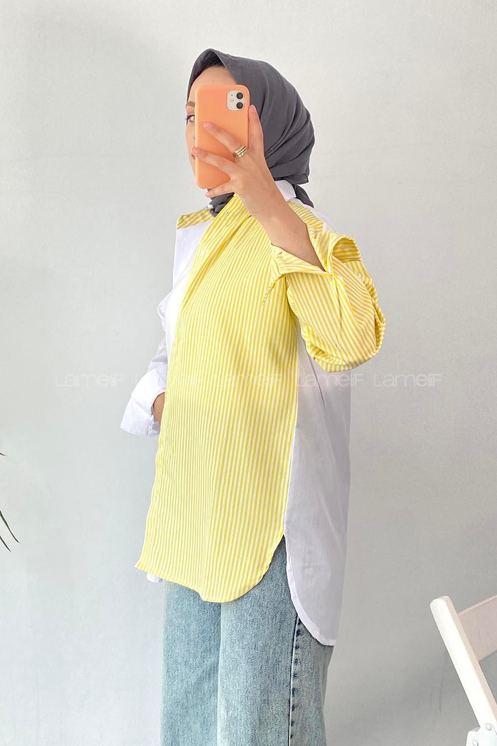 Modalamelif Renk Garnili Çizgi Detaylı Tek Cepli Gömlek Sarı-Beyaz