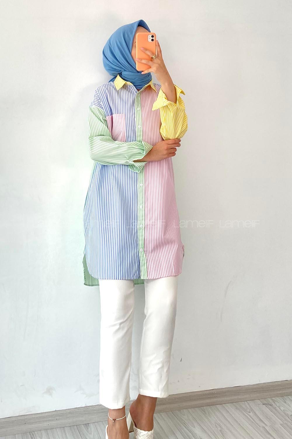 Modalamelif Renk Garnili Çizgi Detaylı Tek Cepli Tunik Gömlek Pembe-Mavi