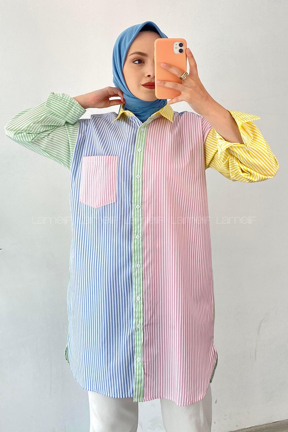 Modalamelif Renk Garnili Çizgi Detaylı Tek Cepli Tunik Gömlek Pembe-Mavi