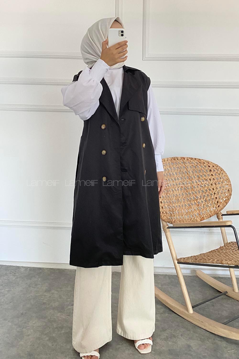 Modalamelif Sıfır Kol Önü Düğmeli Kuşaklı Trenç Siyah