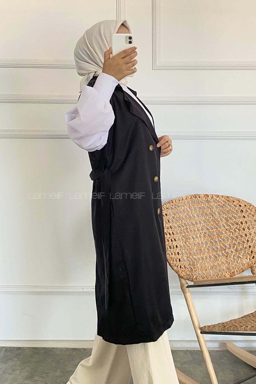 Modalamelif Sıfır Kol Önü Düğmeli Kuşaklı Trenç Siyah