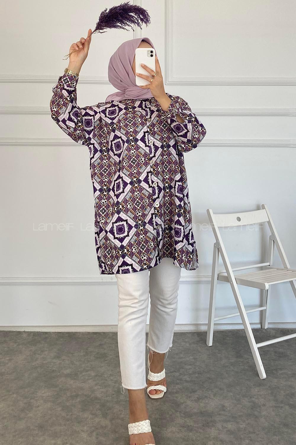 Modalamelif Soyut Desenli Önü Düğmeli Gömlek Mor
