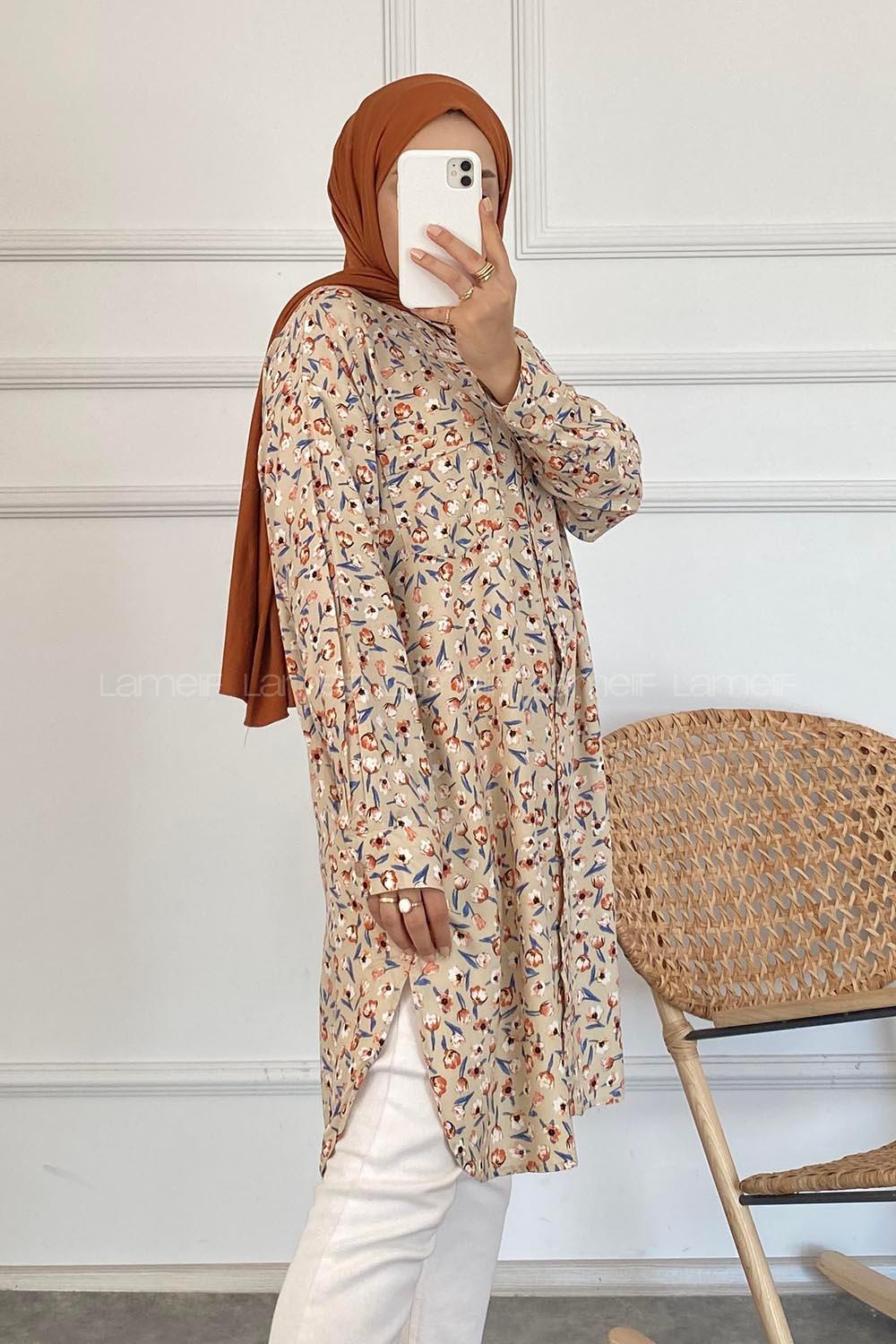 Modalamelif Tek Cep Detaylı Çiçek Motifli Tunik Gömlek Bej