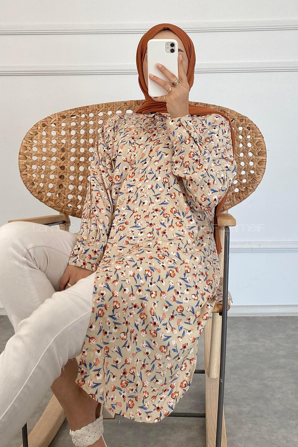 Modalamelif Tek Cep Detaylı Çiçek Motifli Tunik Gömlek Bej