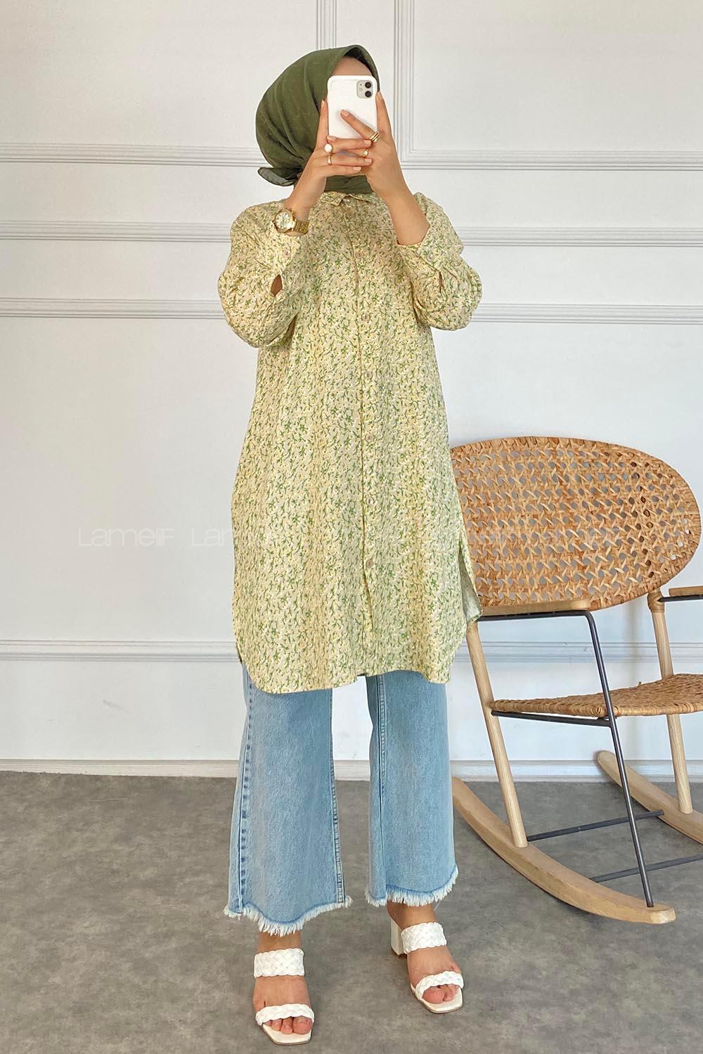 Modalamelif Tek Cep Detaylı Çiçek Motifli Tunik Gömlek Krem