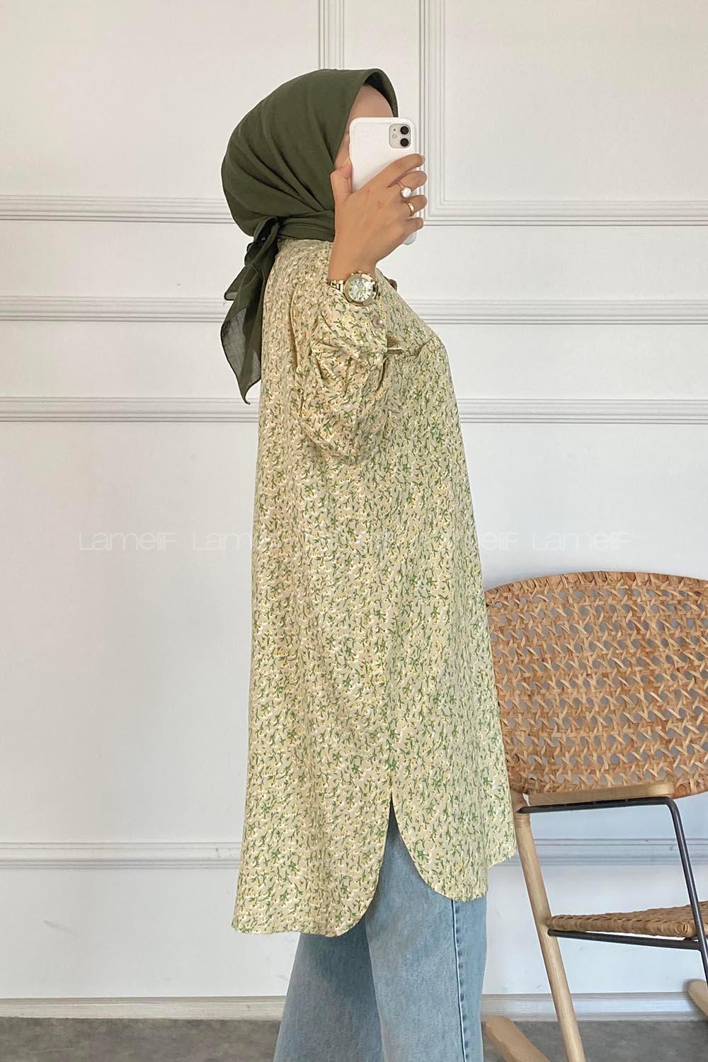 Modalamelif Tek Cep Detaylı Çiçek Motifli Tunik Gömlek Krem