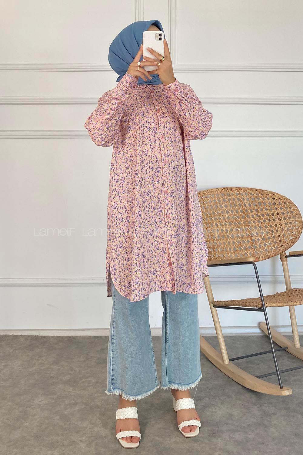 Modalamelif Tek Cep Detaylı Çiçek Motifli Tunik Gömlek Pembe
