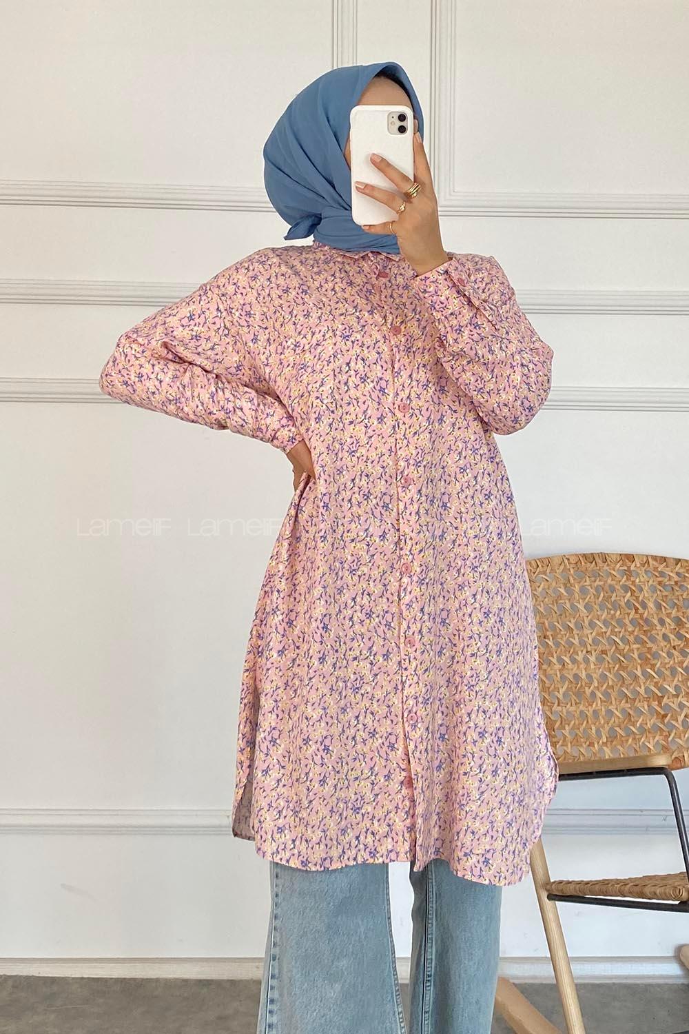 Modalamelif Tek Cep Detaylı Çiçek Motifli Tunik Gömlek Pembe