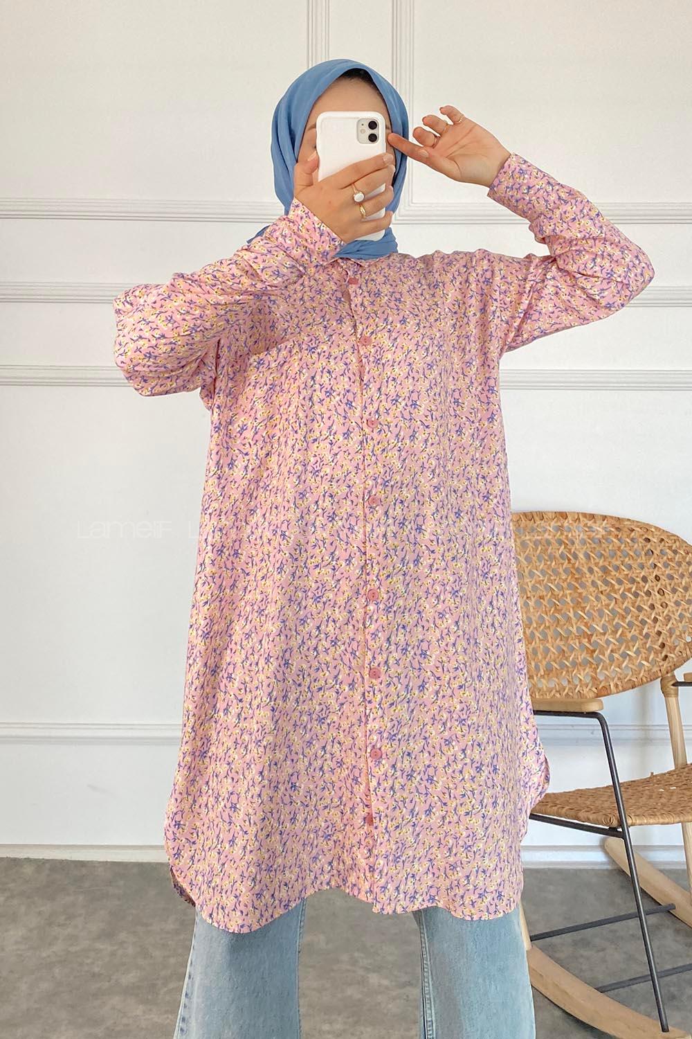 Modalamelif Tek Cep Detaylı Çiçek Motifli Tunik Gömlek Pembe