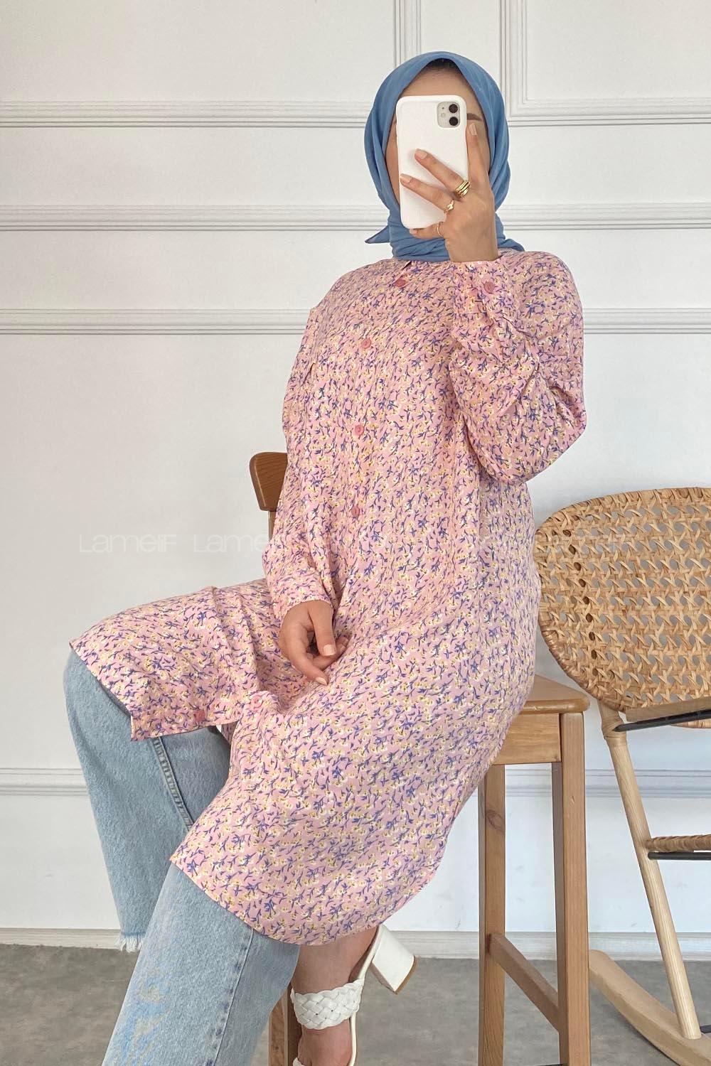 Modalamelif Tek Cep Detaylı Çiçek Motifli Tunik Gömlek Pembe