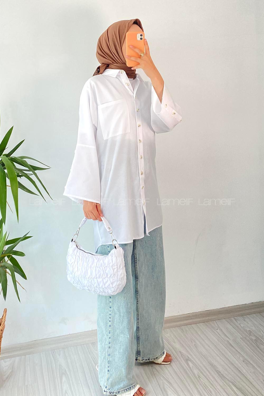 Modalamelif Tek Cepli Önü Kısa Arkası Uzun Oversize Gömlek Beyaz