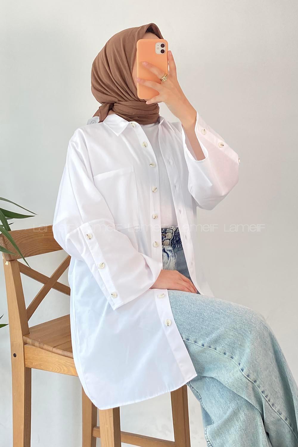 Modalamelif Tek Cepli Önü Kısa Arkası Uzun Oversize Gömlek Beyaz