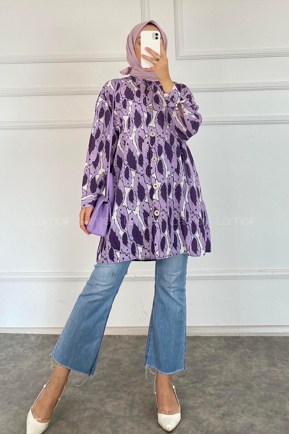 Modalamelif Yaprak Desen Baskılı Gömlek Eflatun