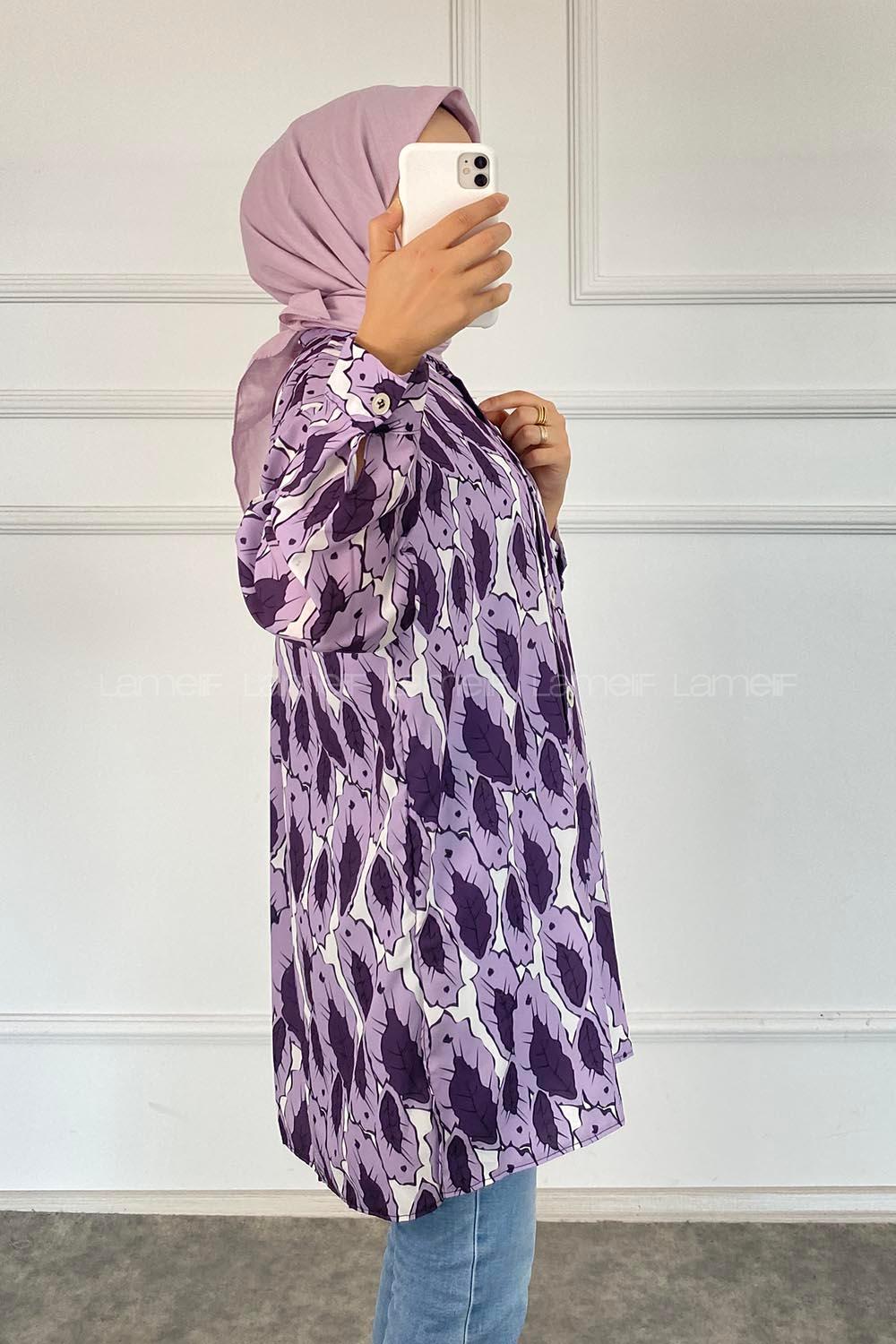 Modalamelif Yaprak Desen Baskılı Gömlek Eflatun