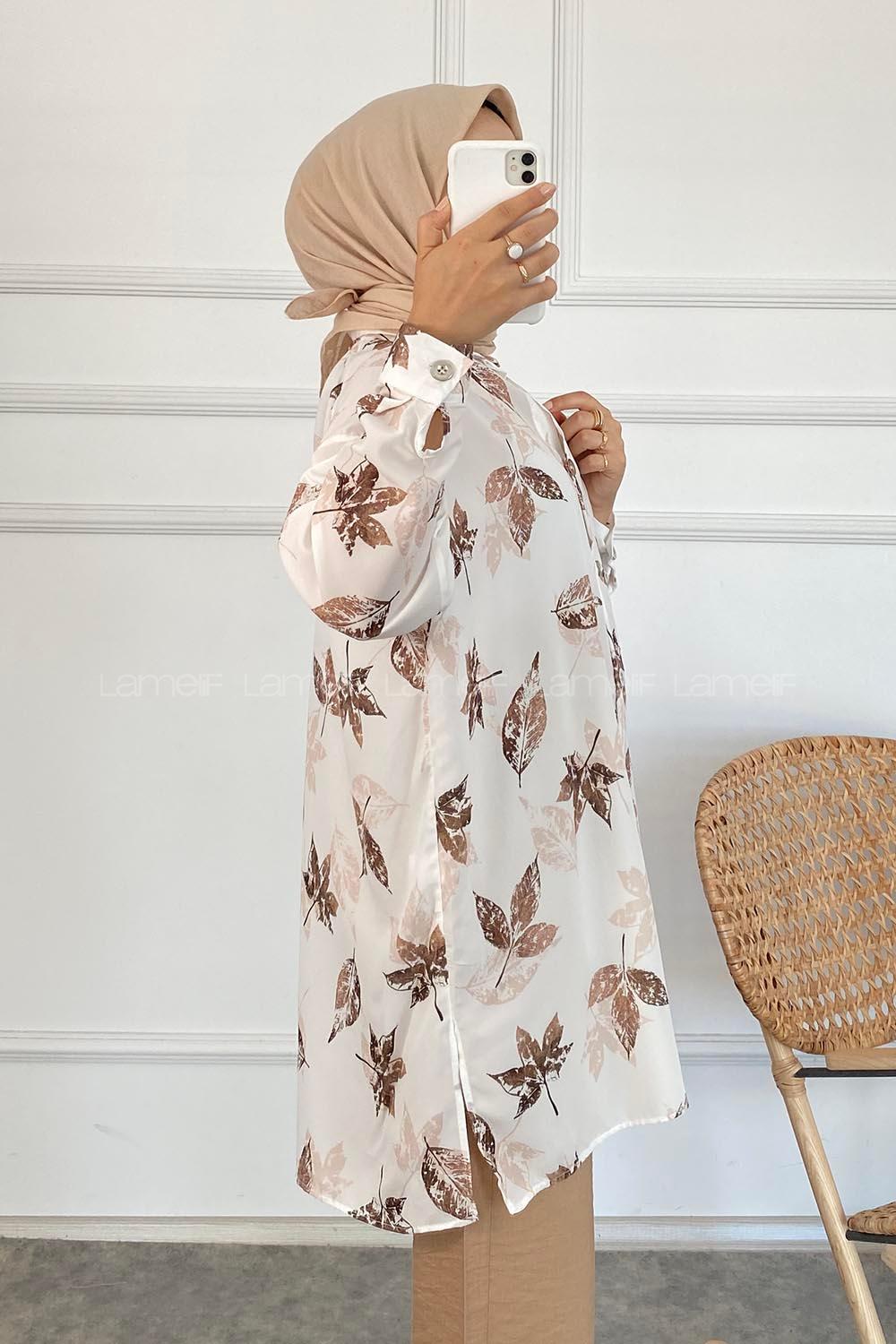 Modalamelif Yaprak Desen Dijital Baskı Gömlek Ekru