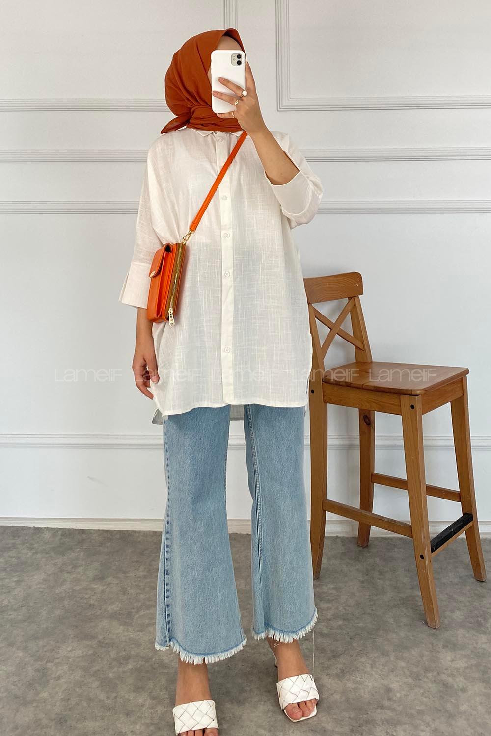 Modalamelif Yara_sa Kol Önü Kısa Arkası Uzun Gömlek Beyaz