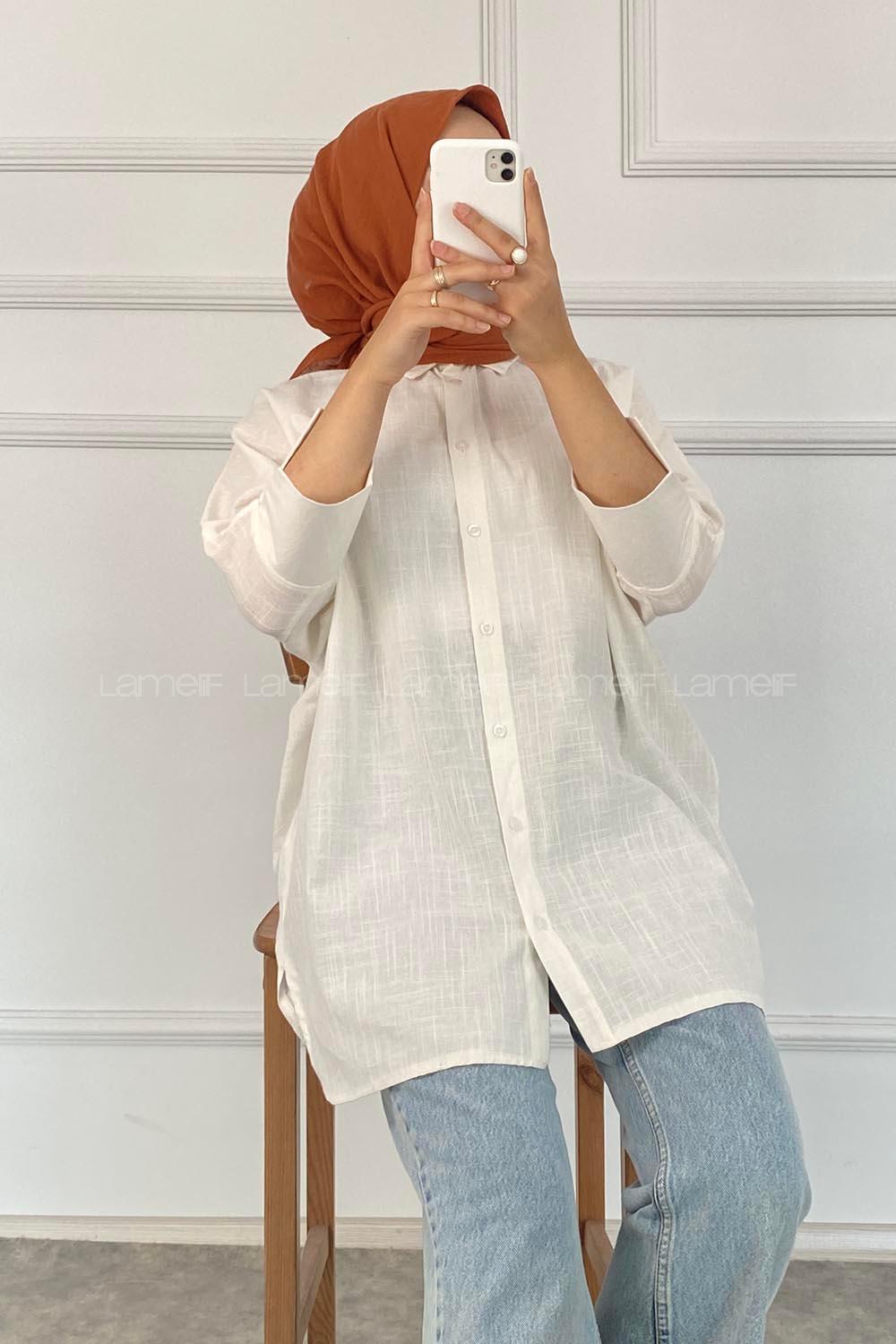 Modalamelif Yara_sa Kol Önü Kısa Arkası Uzun Gömlek Beyaz