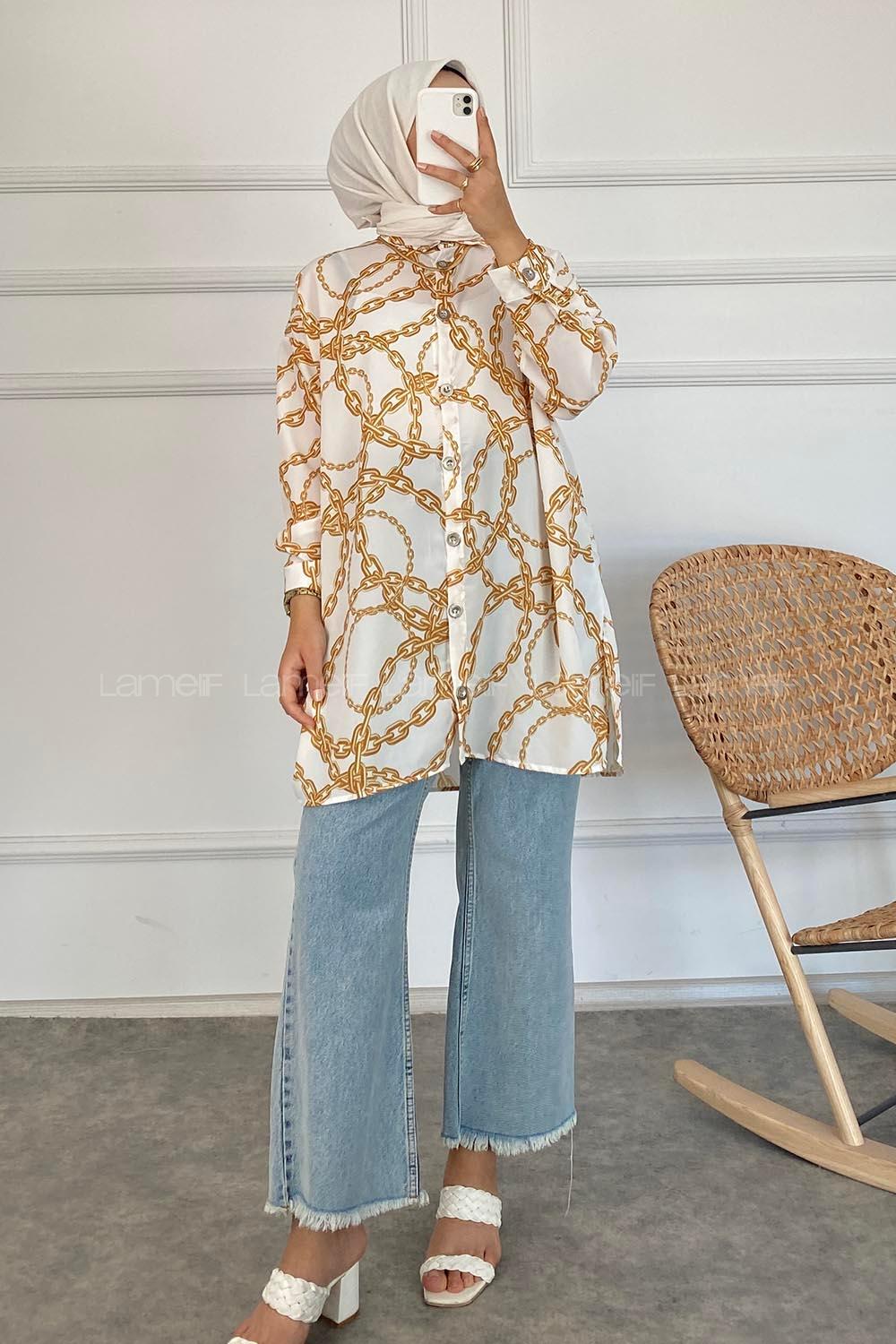 Modalamelif Zincir Desen Dijital Baskı Gömlek Sarı