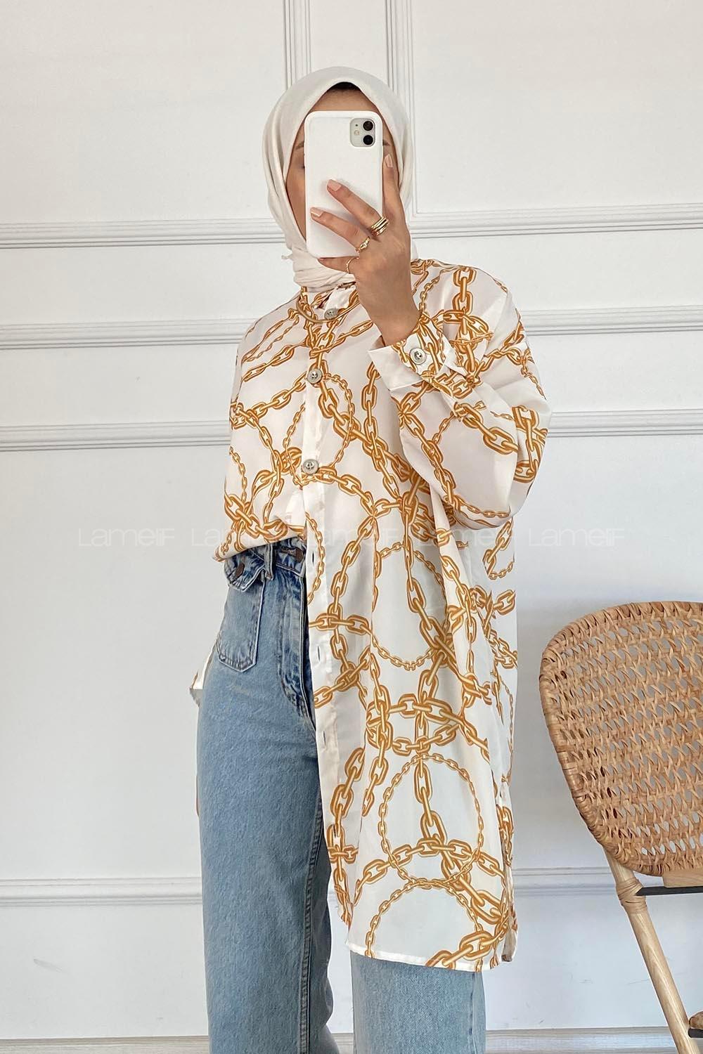 Modalamelif Zincir Desen Dijital Baskı Gömlek Sarı