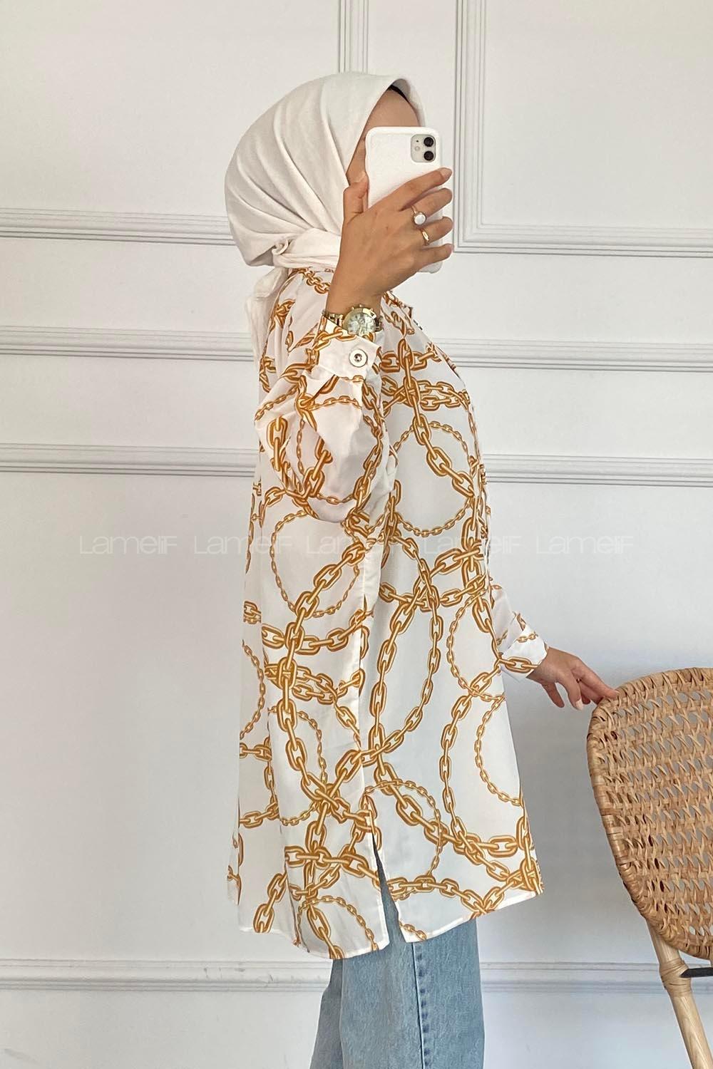 Modalamelif Zincir Desen Dijital Baskı Gömlek Sarı