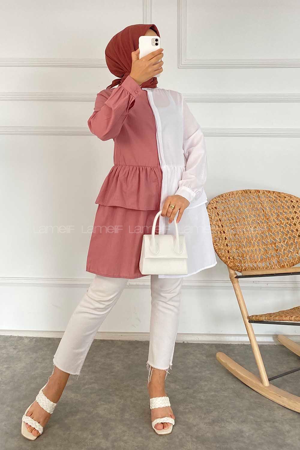 Modalamelif Renk Garnili Beli Fırfır Detaylı Tunik Gömlek Beyaz-Gül