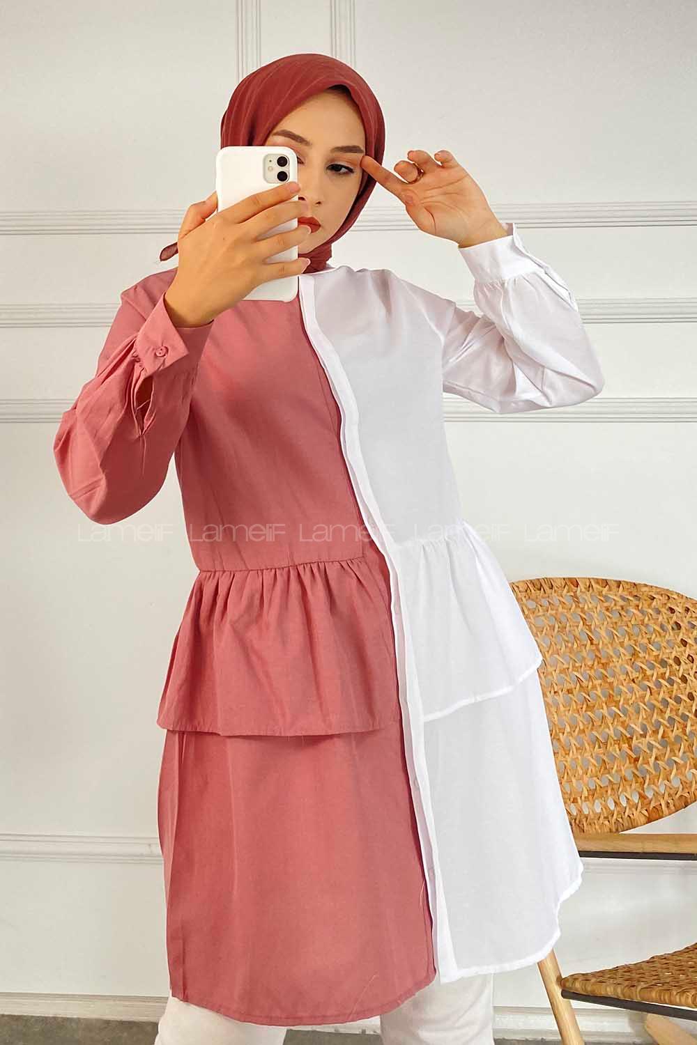 Modalamelif Renk Garnili Beli Fırfır Detaylı Tunik Gömlek Beyaz-Gül