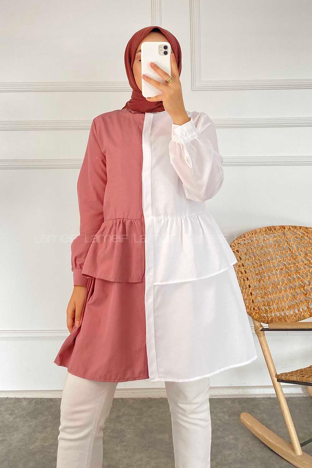 Modalamelif Renk Garnili Beli Fırfır Detaylı Tunik Gömlek Beyaz-Gül